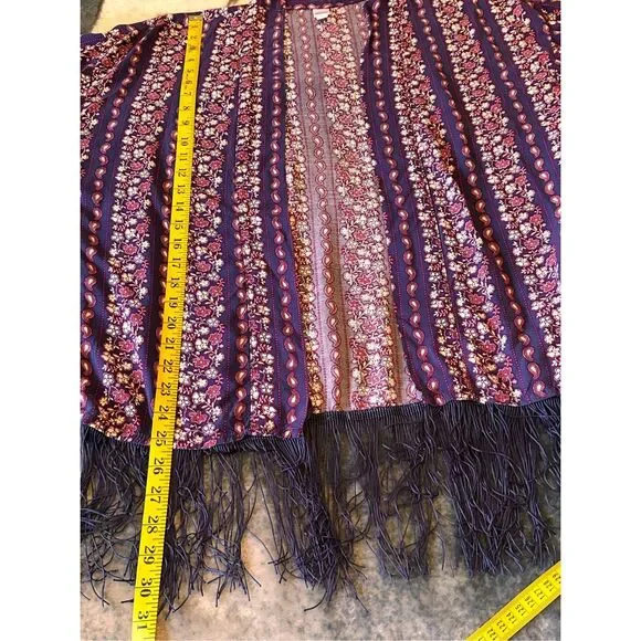 Bongo Blue Red White Scarf Print Fringe Kimono Jacket Women Juniors S/M - Picture 10 of 11